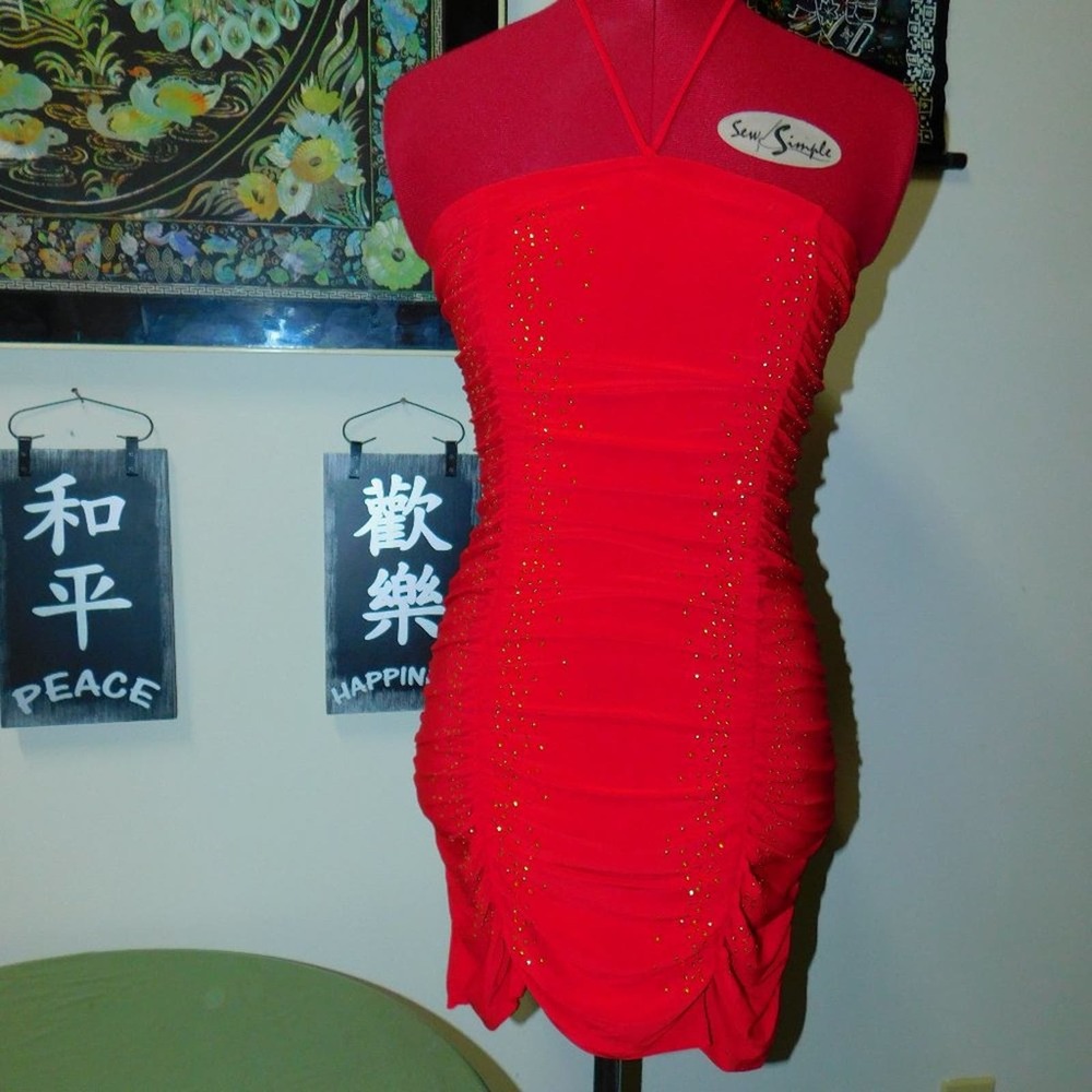 Y2K Entry red drape rouching dress Micro Mini gold studs Small Medium